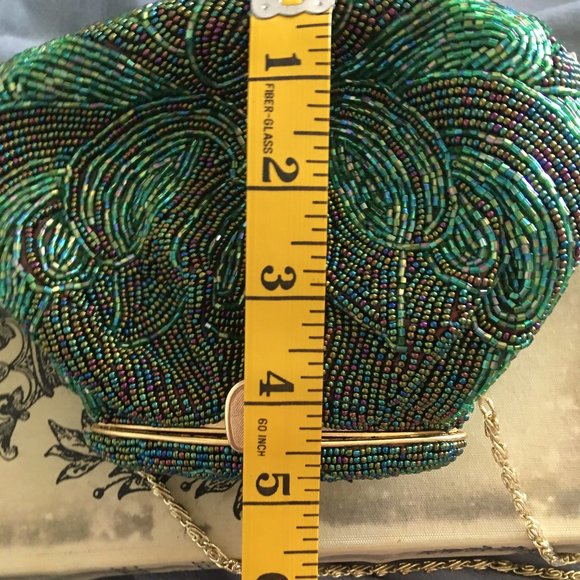VINTAGE Green Beaded Mini Bag Shoulder Crossbody Clutch Convertible - Picture 15 of 16